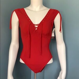 Karla Colletto Scarlet Cherry red lace up one piece swimsuit 6 NEW